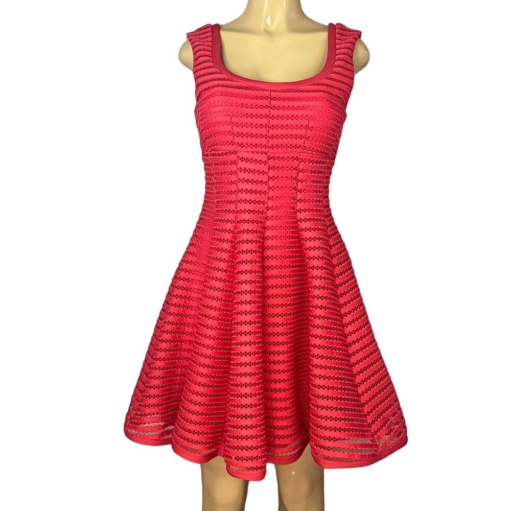Topshop Sleeveless Fit And Flare Skater Dress Laser Cut Eyelet Coral Pink Size 8